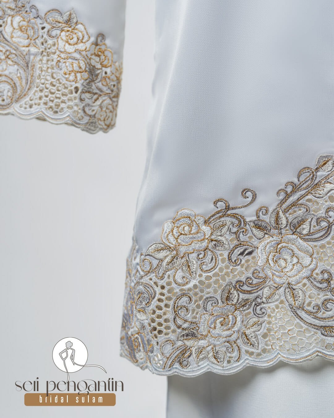 Baju Kurung Moden Nikah Bersulam Kerawang Corak Bunga Ros