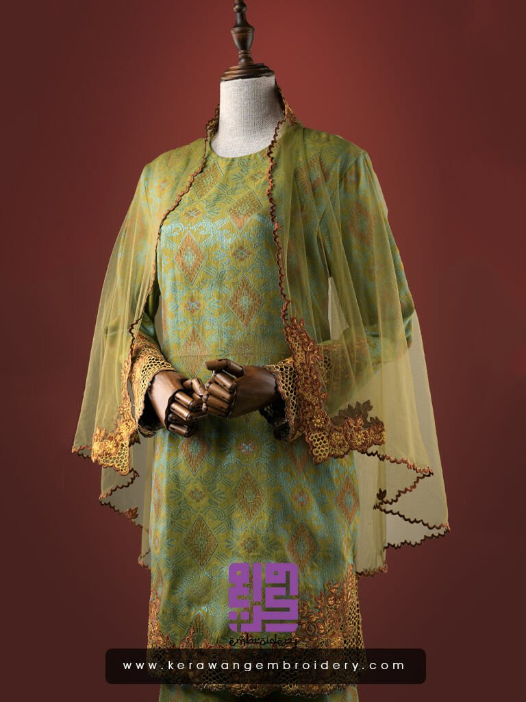 Baju Songket Pengantin Sulam Goyang Kerawang Motif Bunga Sakura