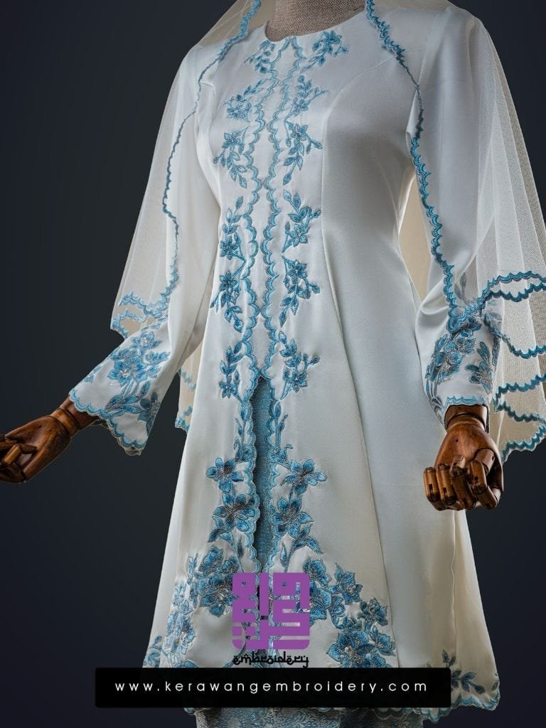 Baju Nikah Kurung Moden Kebaya Princess Cut Corak Sulam Orkid