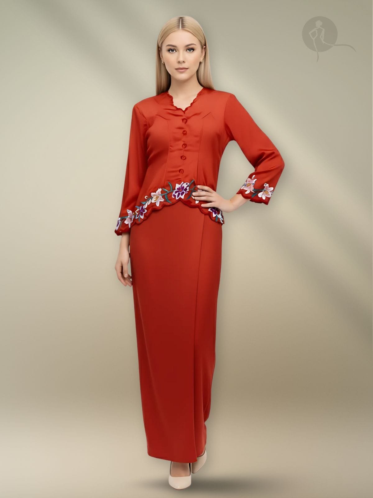 Kurung Kedah Colar Tinggi Sulam Lily Flower