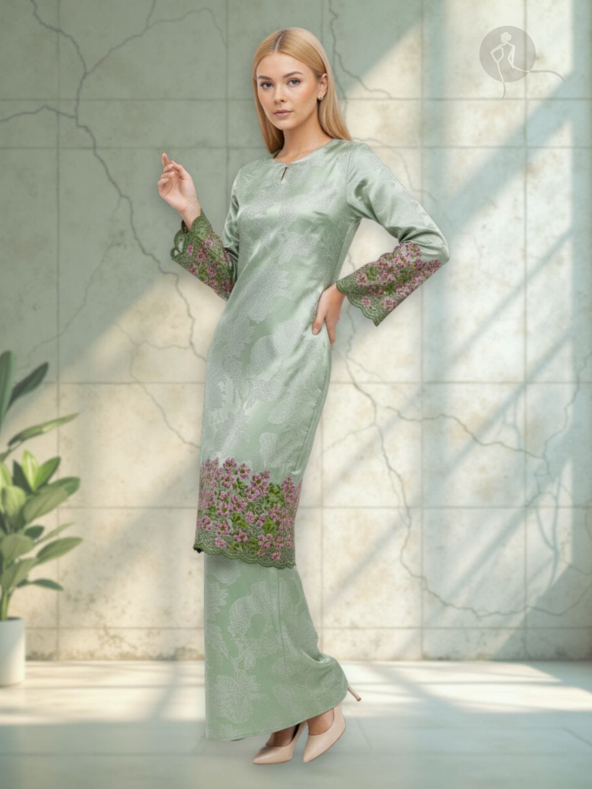 Kurung Tradisi Teluk Belanga Sulam Bunga Magnolia dgn Kerawang Sarang Labah